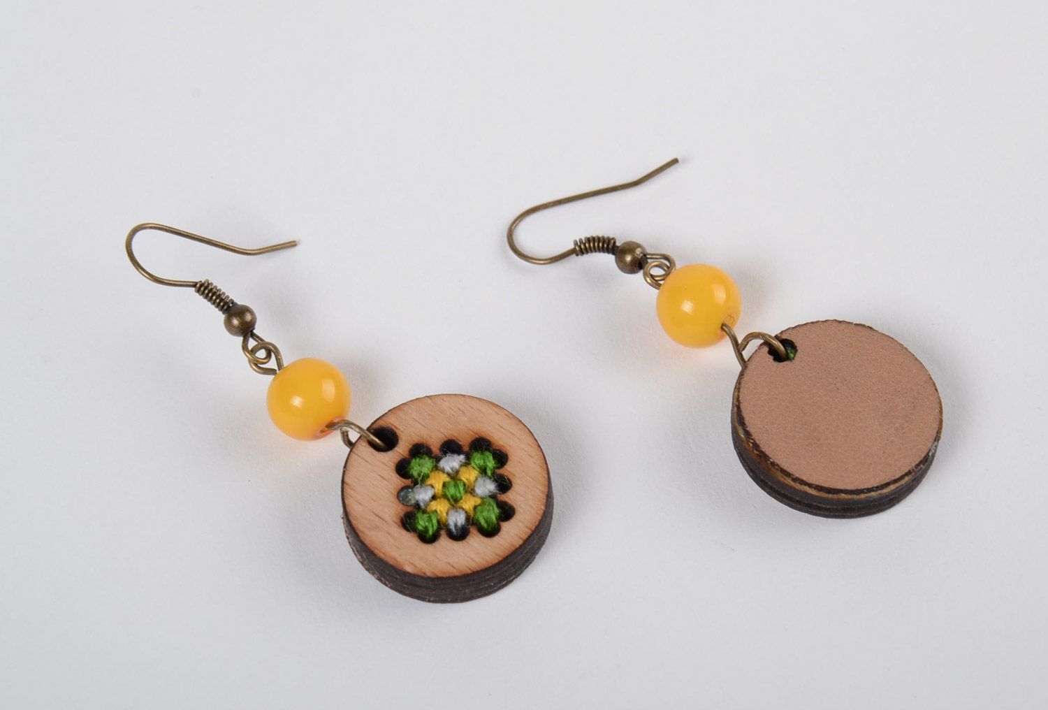 Handmade round plywood earrings with cross-stitch embroidery unusual jewelry photo 4
