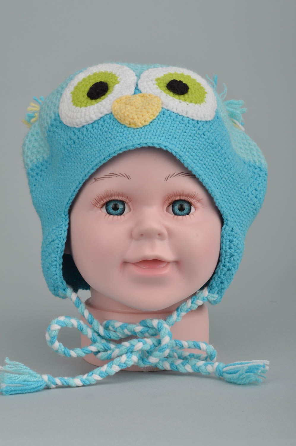 Handmade cute designer crocheted cap turquoise owl made of cotton and wool photo 2
