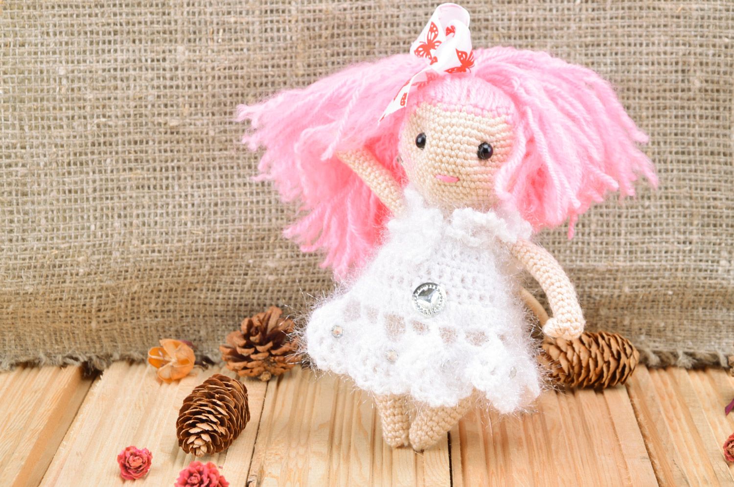 Small handmade pink crochet soft toy in the shape of girl for gift photo 1