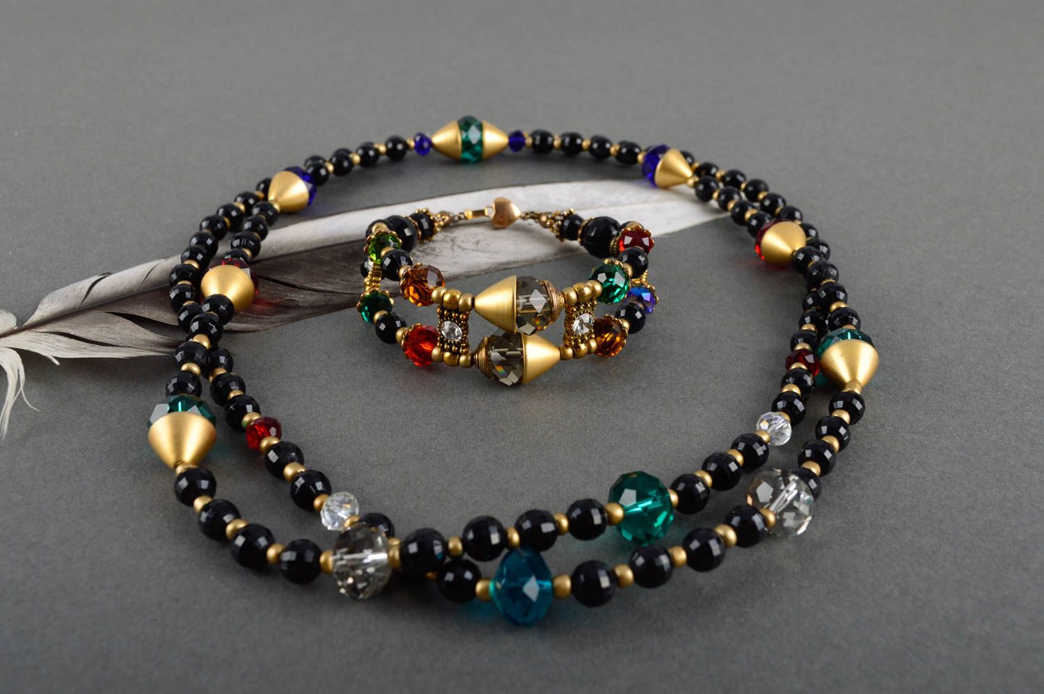 Parure collier bracelet Bijoux faits main noirs cristaux strass Cadeau femme photo 1