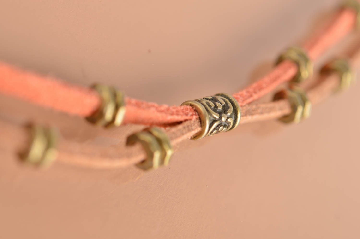 Handmade brown cute bracelet made of metal and suede laces with inserts  photo 4