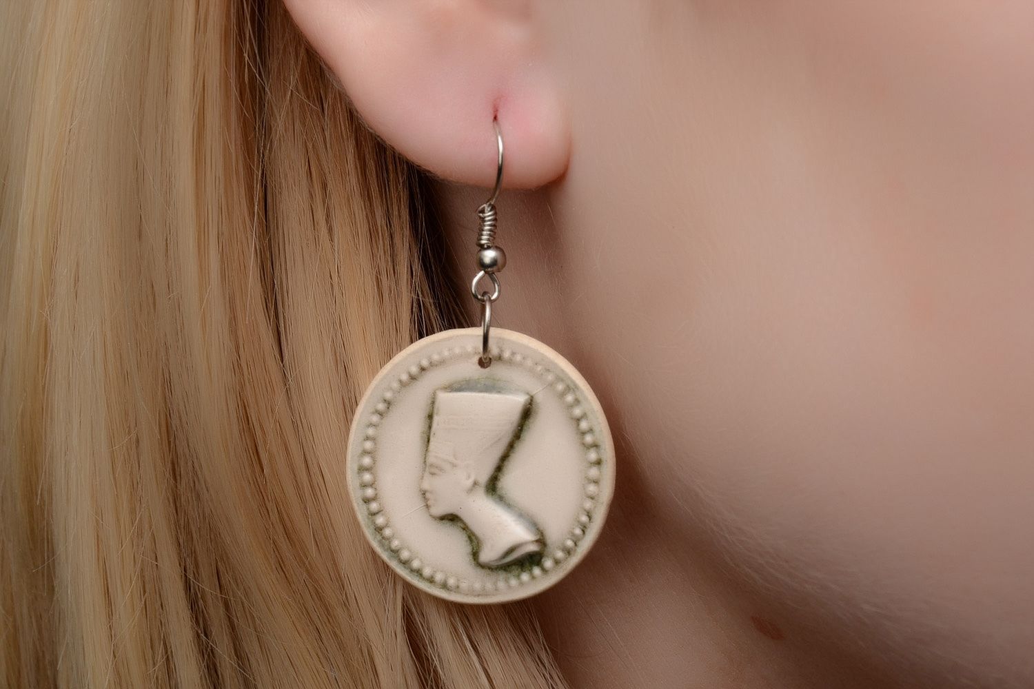 Handmade white clay round earrings in the shape of coins with embossment Nefertiti photo 2