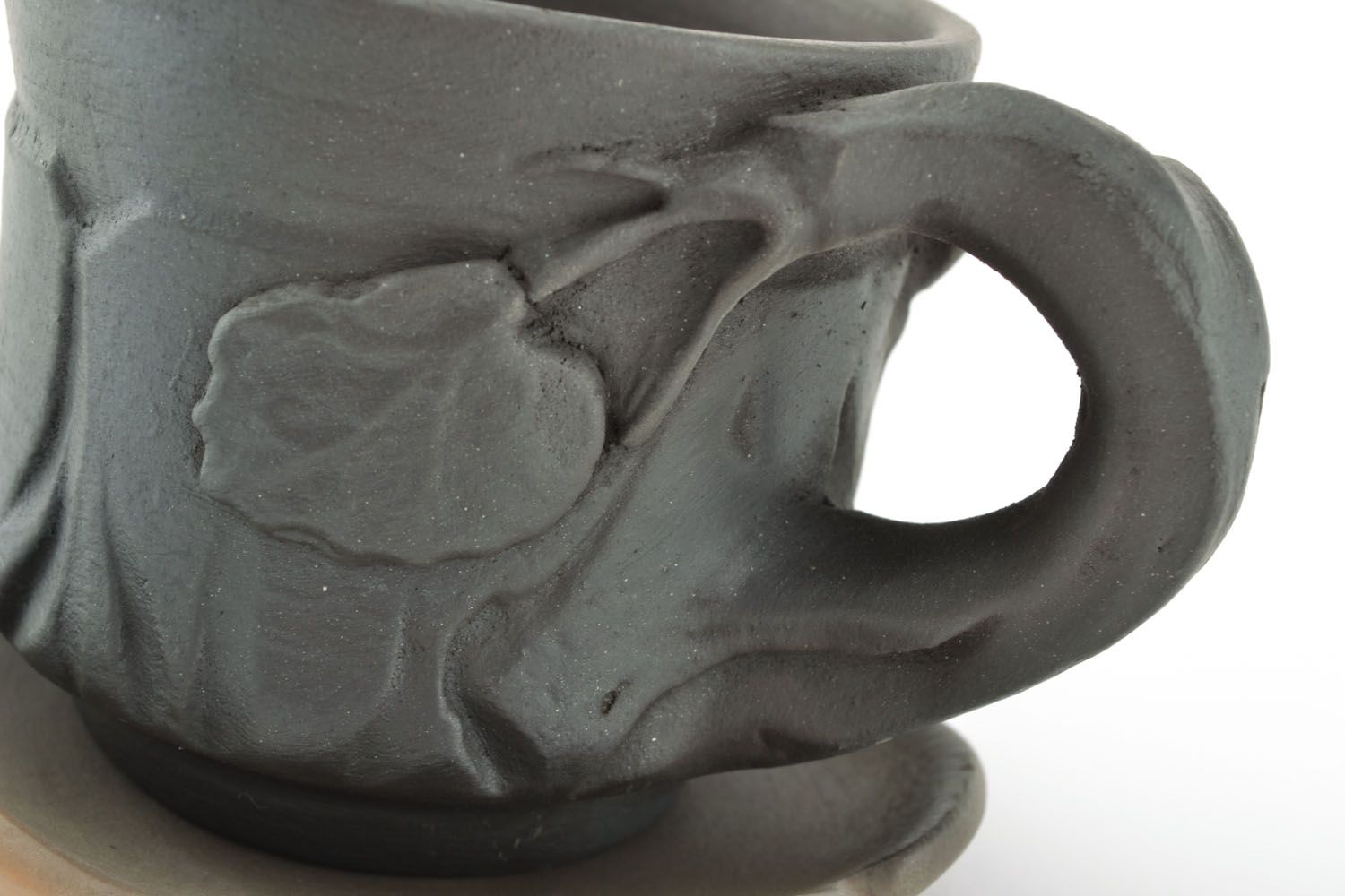 Black clay, not glazed drinking cup with saucer photo 2