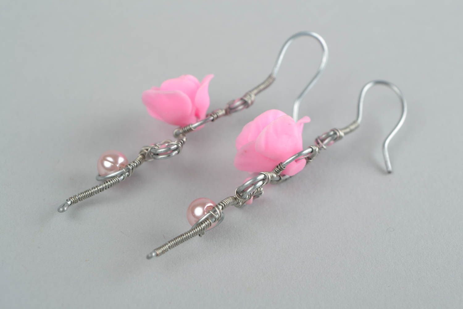 Handmade wire wrap earrings with pink polymer clay flowers Roses photo 5