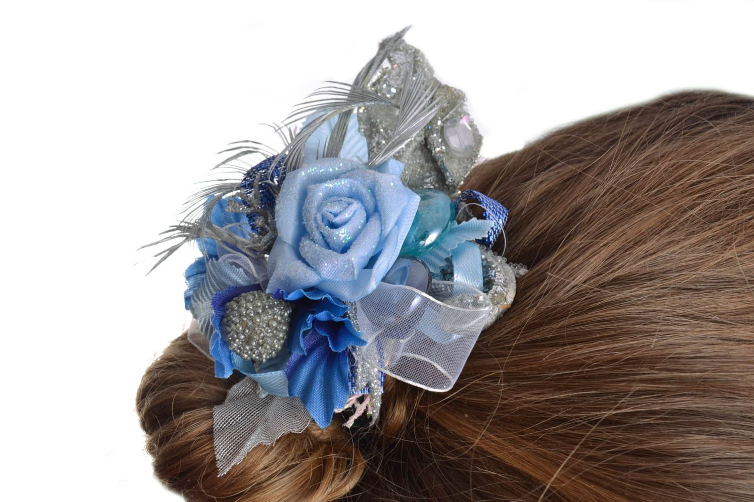 Handmade decorative beautiful blank for hair clip or brooch with blue flowers photo 1