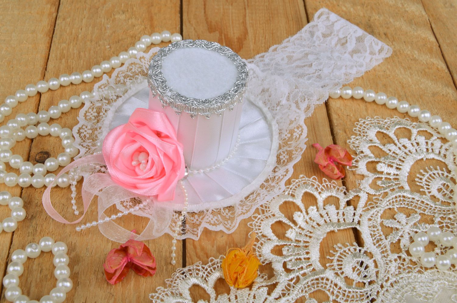 Handmade white lacy headband with beautiful top hat with pink rose  photo 1