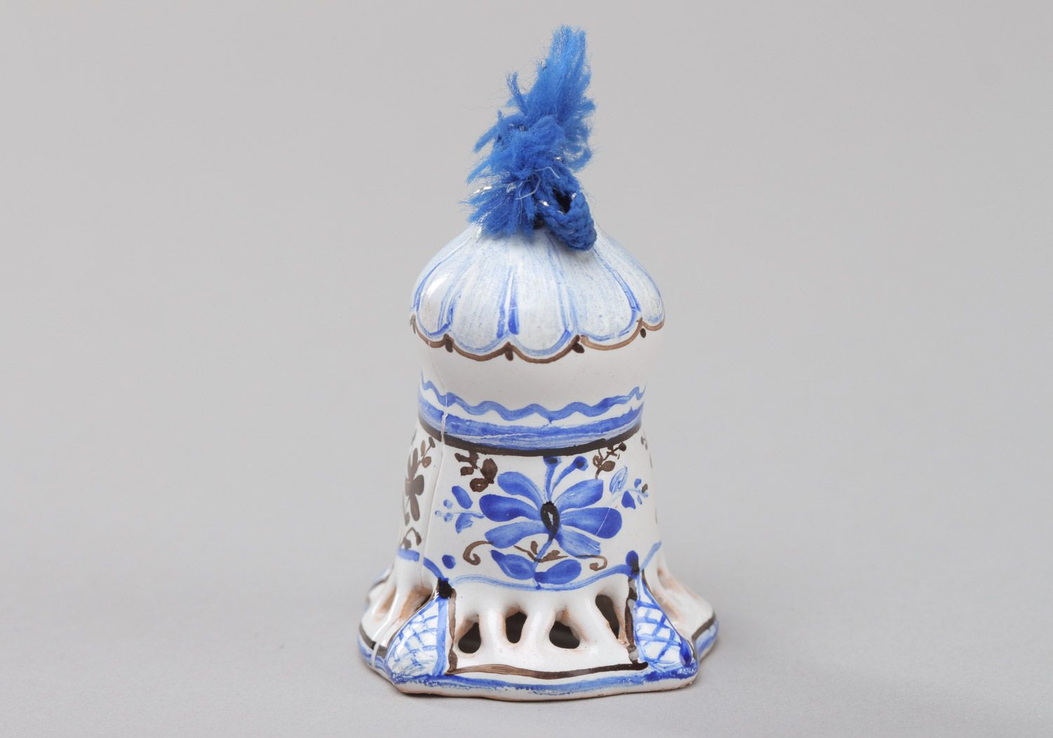 Miniature handmade white and blue ceramic bell with Gzhel painting photo 2