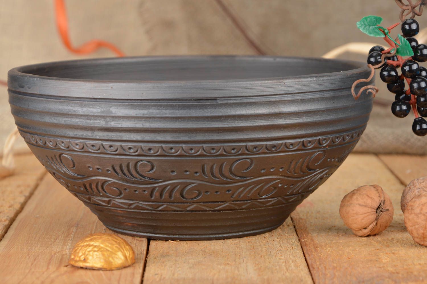 Large handmade dark ceramic bowl with scratched ornaments in ethnic style 1.5 l photo 1