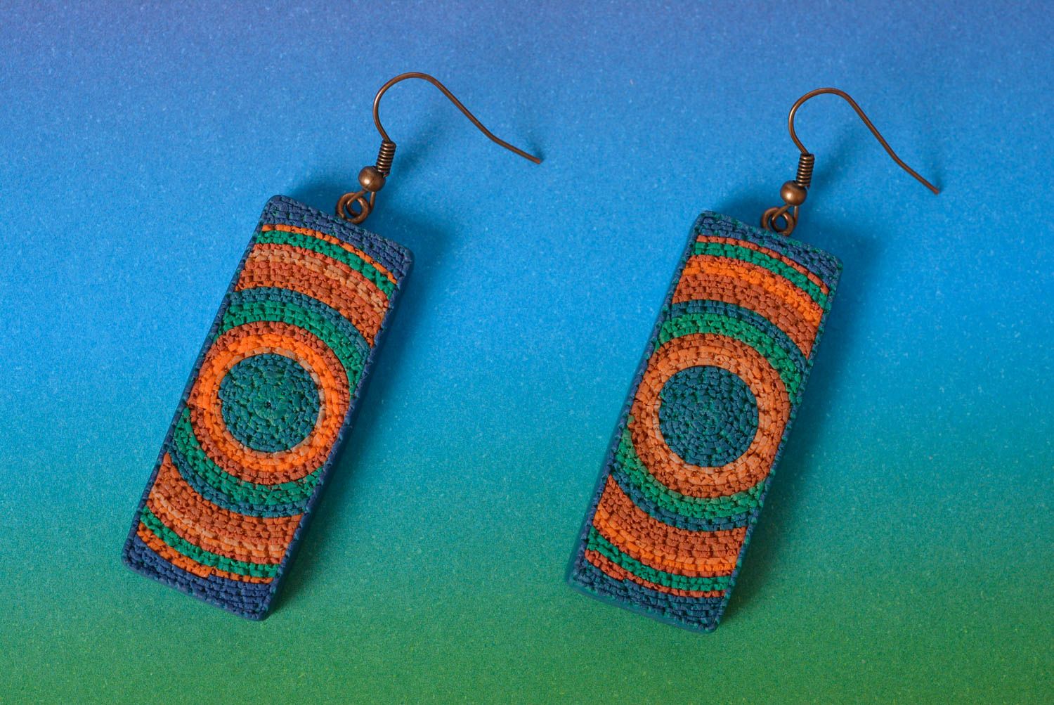 Bright handmade polymer clay oblong dangle earrings ragged edge technique photo 1