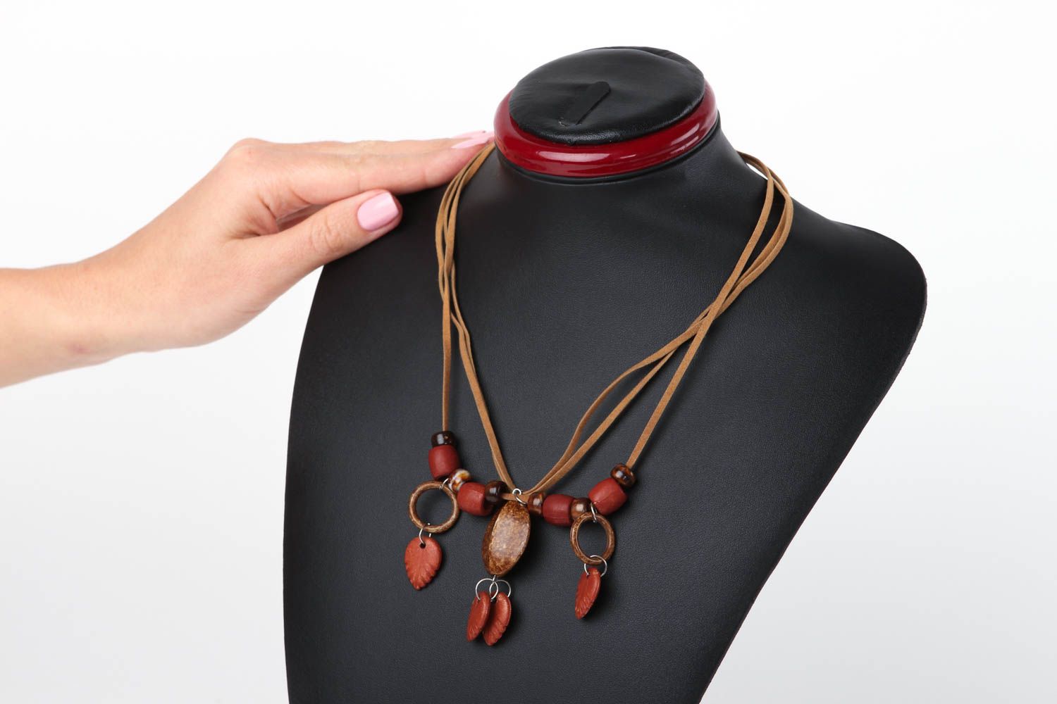 Collier original Bijou fait main perles céramiques marron rouge Cadeau femme photo 5