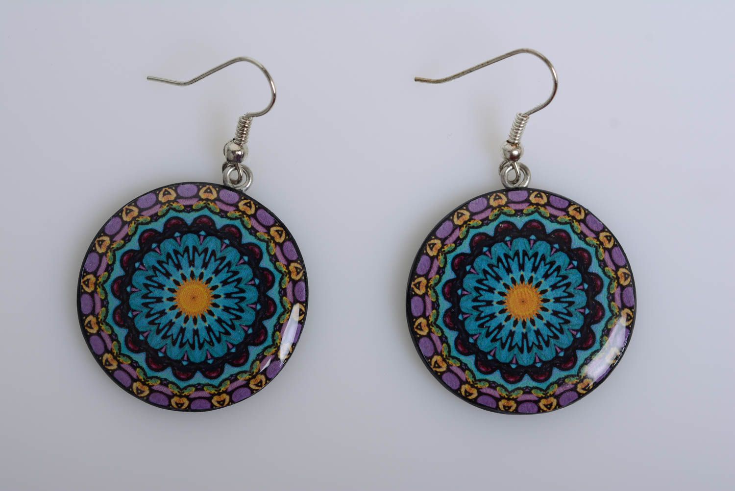 Earrings with decoupage print colored round polymer clay handmade jewelry photo 5