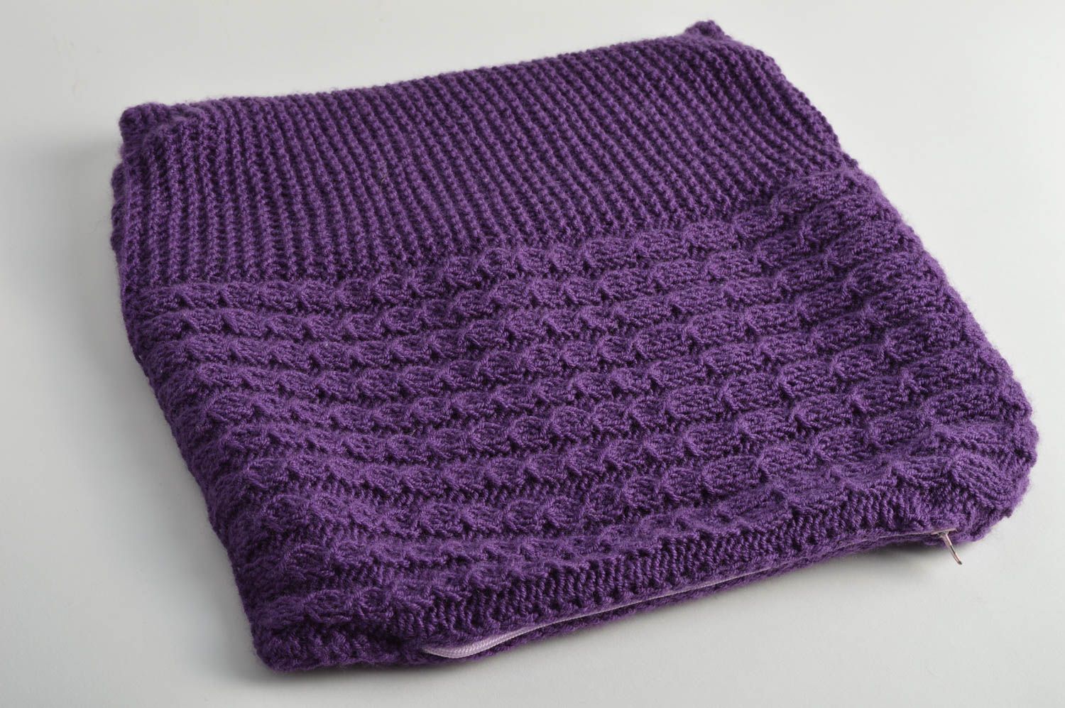Small handmade designer stylish knitted pillowcase of dark violet color photo 3