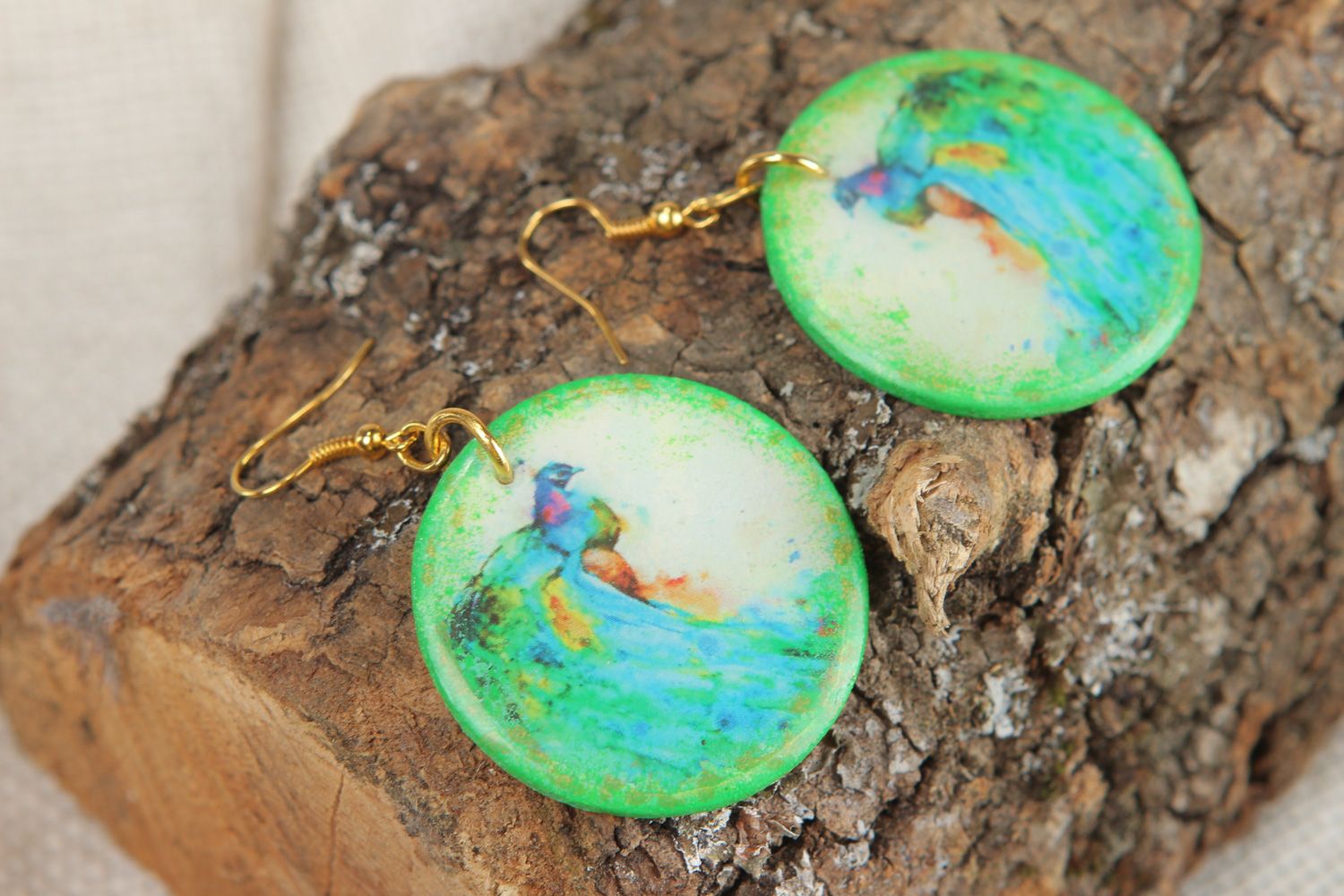 Handmade polymer clay earrings with print coated with epoxy resin Peacock photo 5