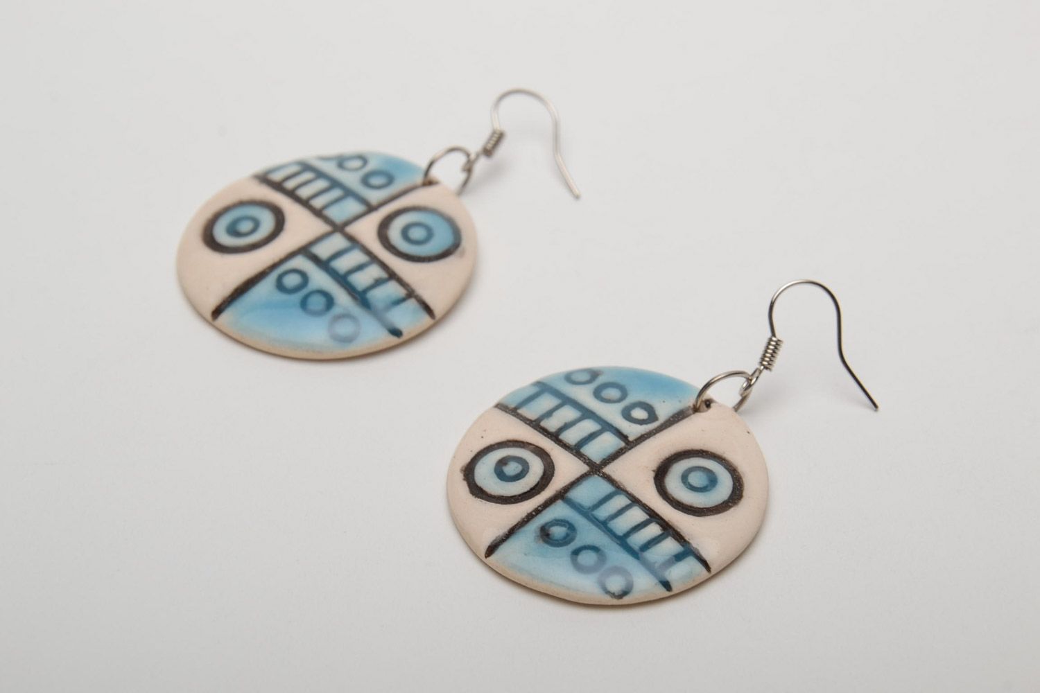Beige and blue handmade large clay round earrings with charms photo 3