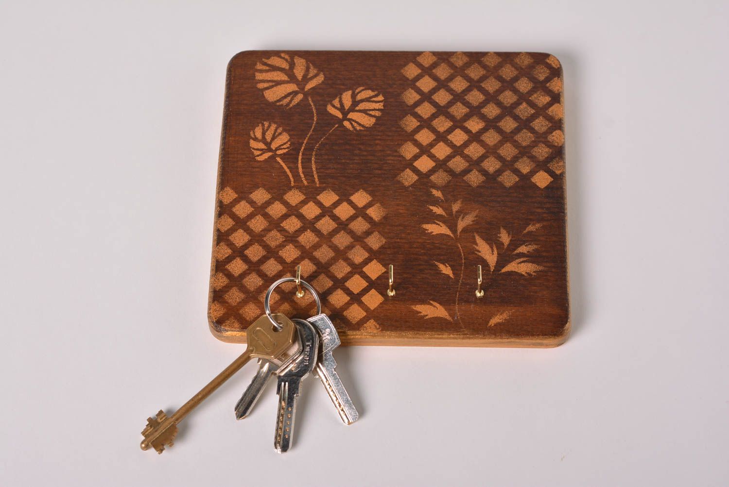 Wooden wall key holder with decoupage brown handmade accessory for interior photo 5