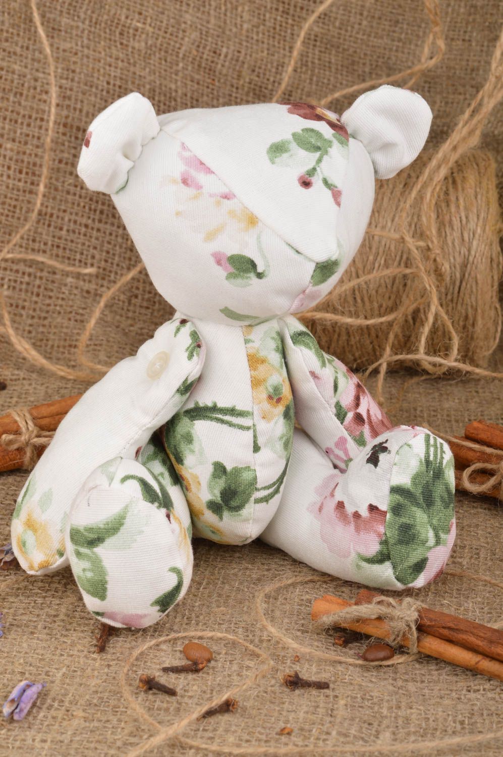 Jouet ours en tissu de coton blanc à motif floral fait main original décoratif photo 1