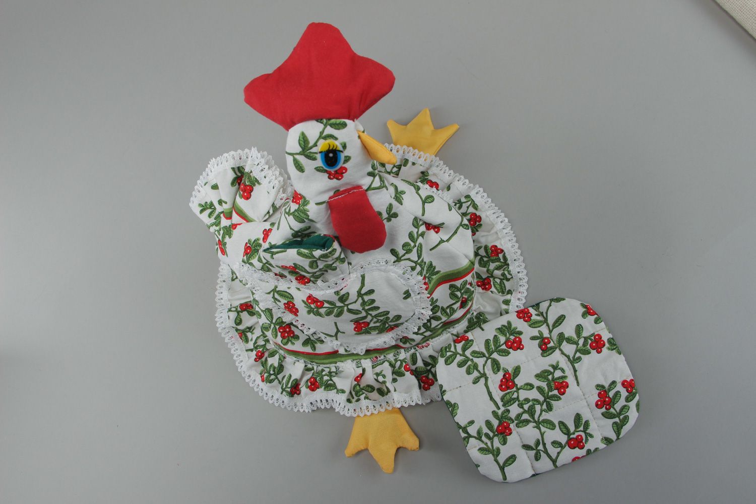 Joli couvre-théière poule en tissu bariolé fait main avec manique décoration photo 3