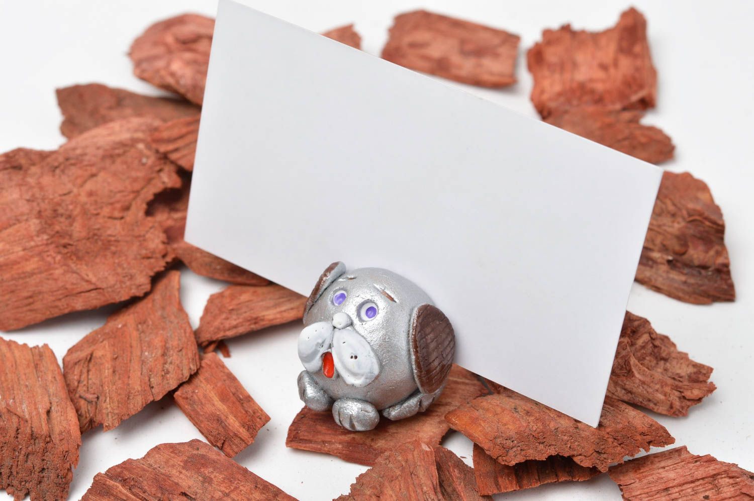 Handmade ceramic business card holder silvery dog accessory beautiful decor photo 1