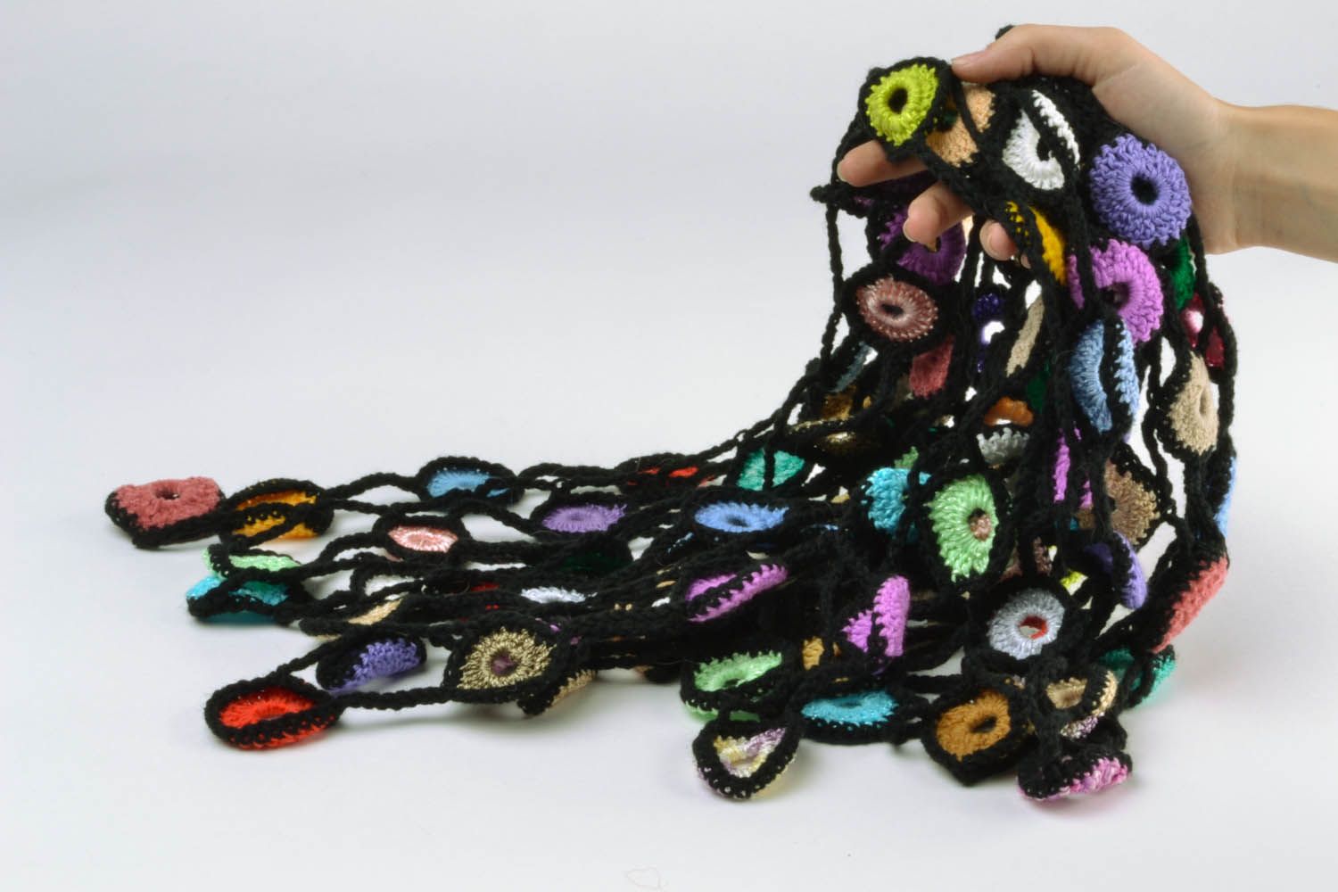 Multicolored crocheted scarf photo 5