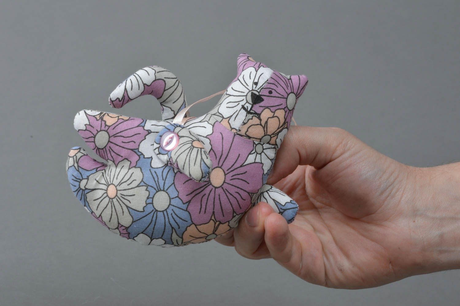 Peluche chat en tissu de coton à fleurs faite main décorative originale photo 4