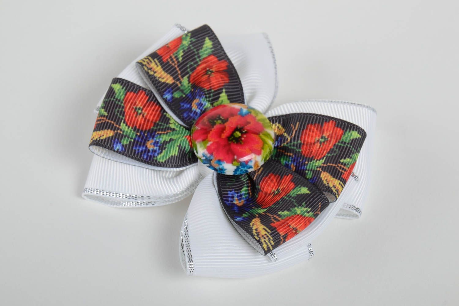 Unusual handmade satin ribbon bow hair clip textile hair bow designer barrette photo 2