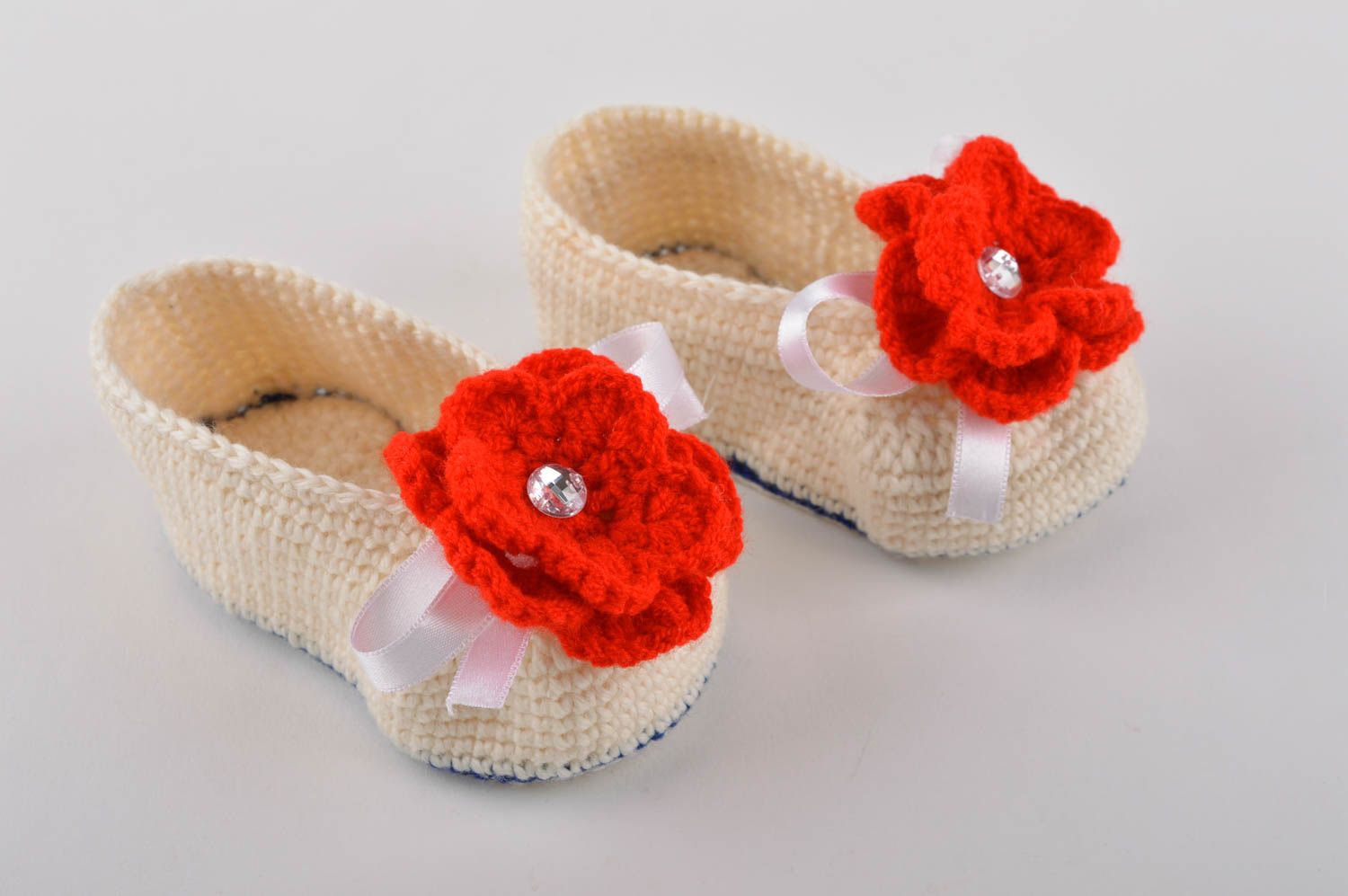 Pantofole da casa da bambine fatte a mano scarpe per casa a maglia con fiore foto 4
