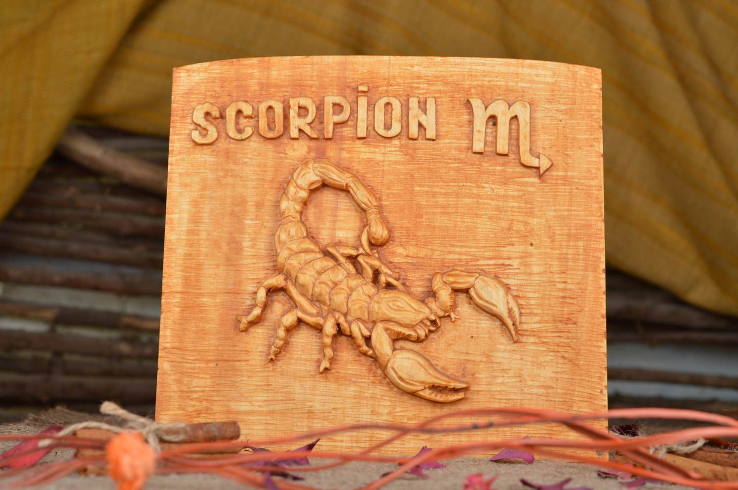 Beautiful handmade designer wooden wall panel with art carving Scorpio sign photo 1