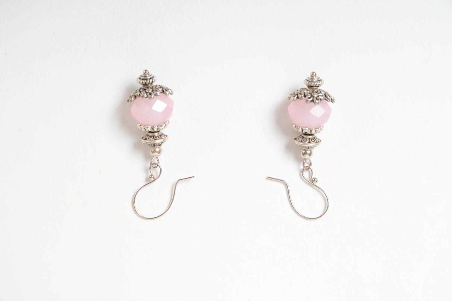 Beautiful tender cute handmade small copper earrings with synthetic pink crystal photo 5