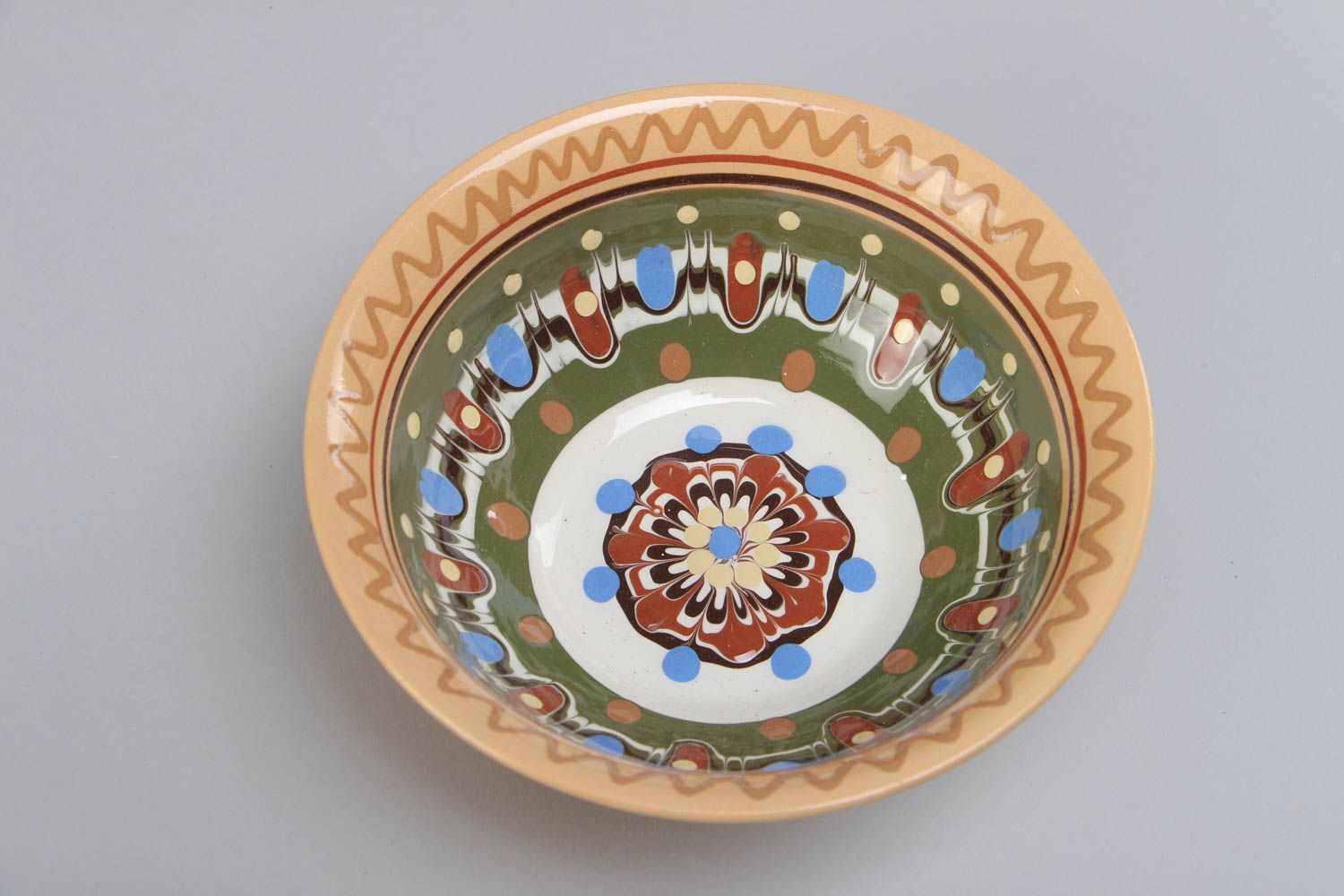 Handmade decorative ceramic bowl for 500 ml painted with ornaments with glaze photo 3