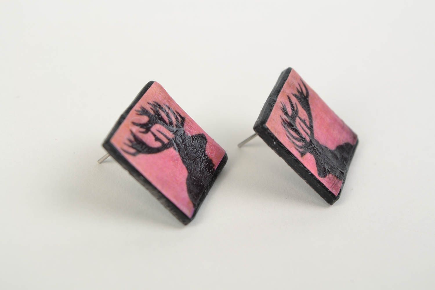 Handmade square earrings with deer print made of polymer clay stylish accessory photo 5