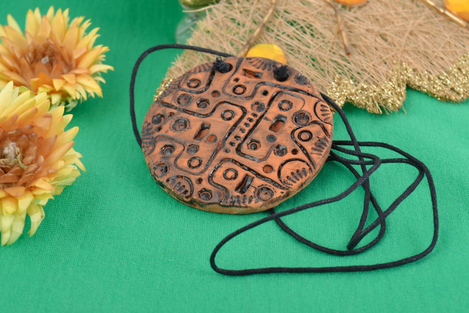 Handmade ethnic ceramic round pendant necklace with relief ornaments for women photo 1
