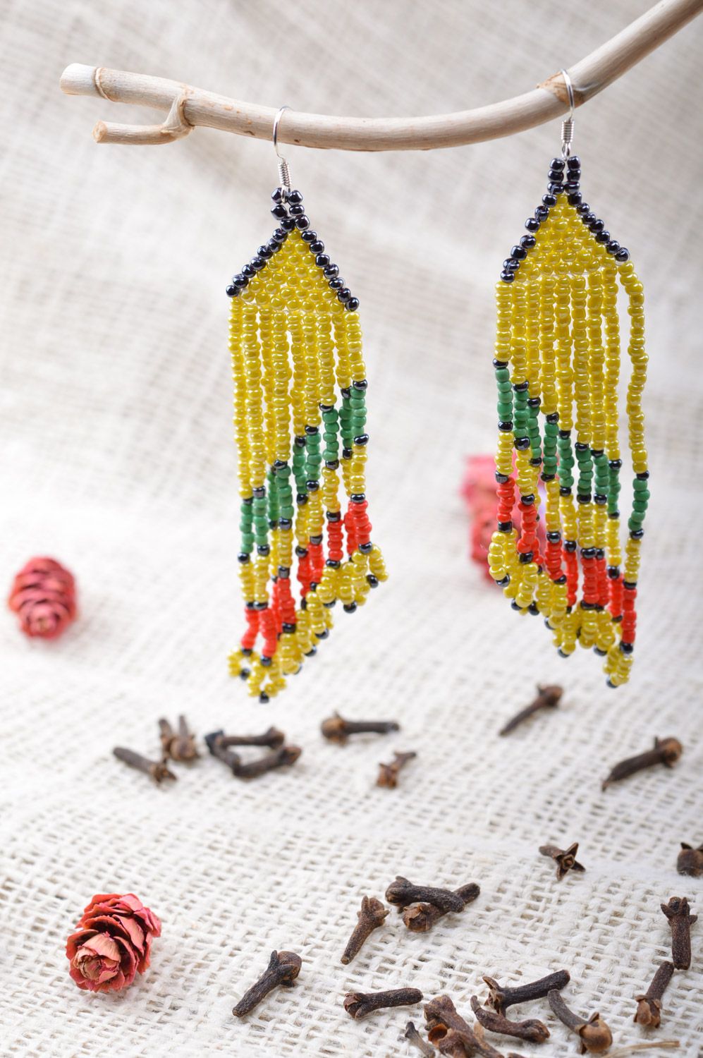 Handmade colorful yellow beaded dangle earrings with long fringe  photo 1