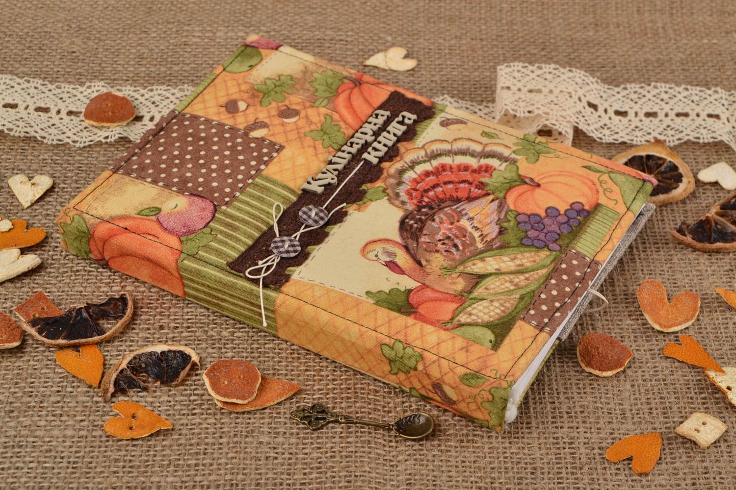 Handmade scrapbooking culinary book with colorful cotton fabric cover photo 1