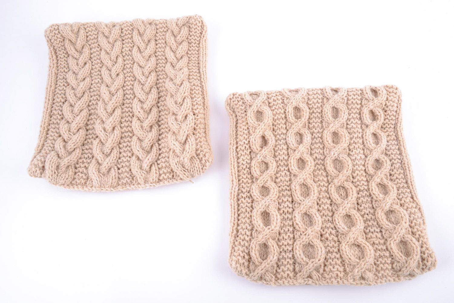 Set of small beige handmade semi woolen knitted pillow cases with zipper 2 items photo 5