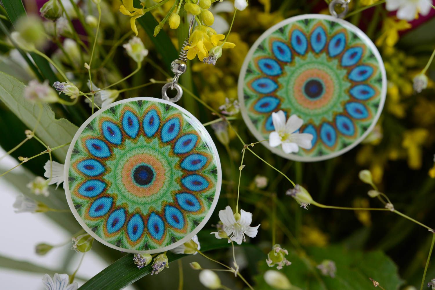 Polymer clay handmade earrings decorated with decoupage blue and green jewelry photo 1