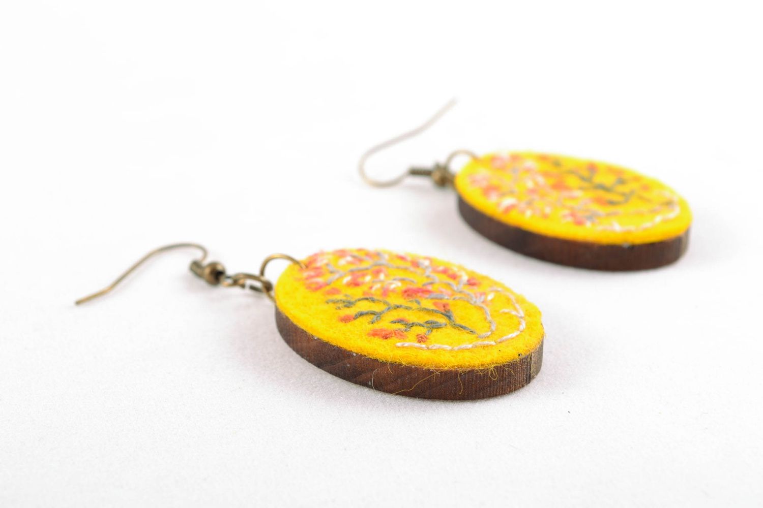 Bright yellow earrings of oval shape with embroidery photo 5