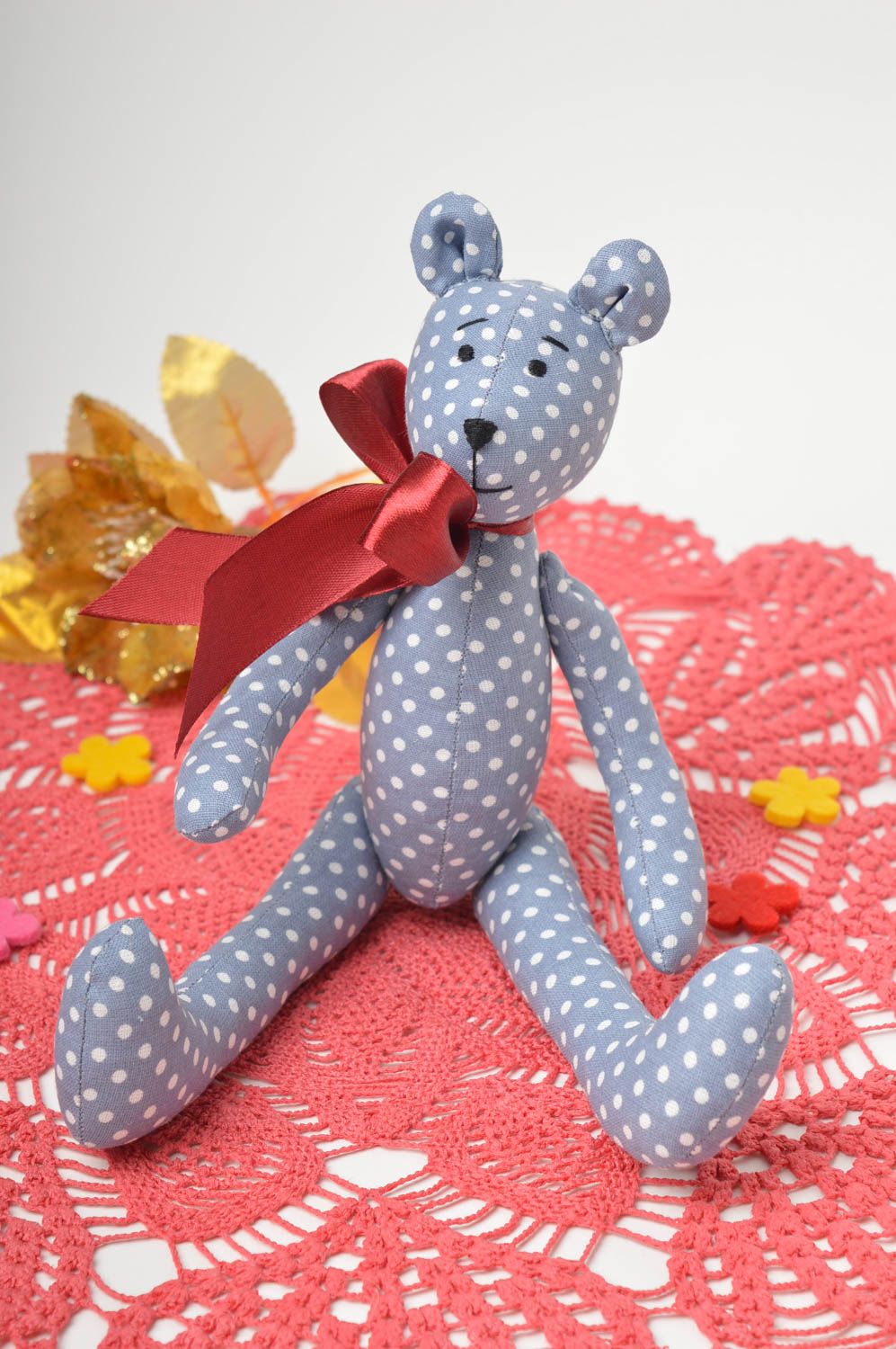 Peluche ours bleu à pois Jouet en tissu fait main original Cadeau enfant photo 1