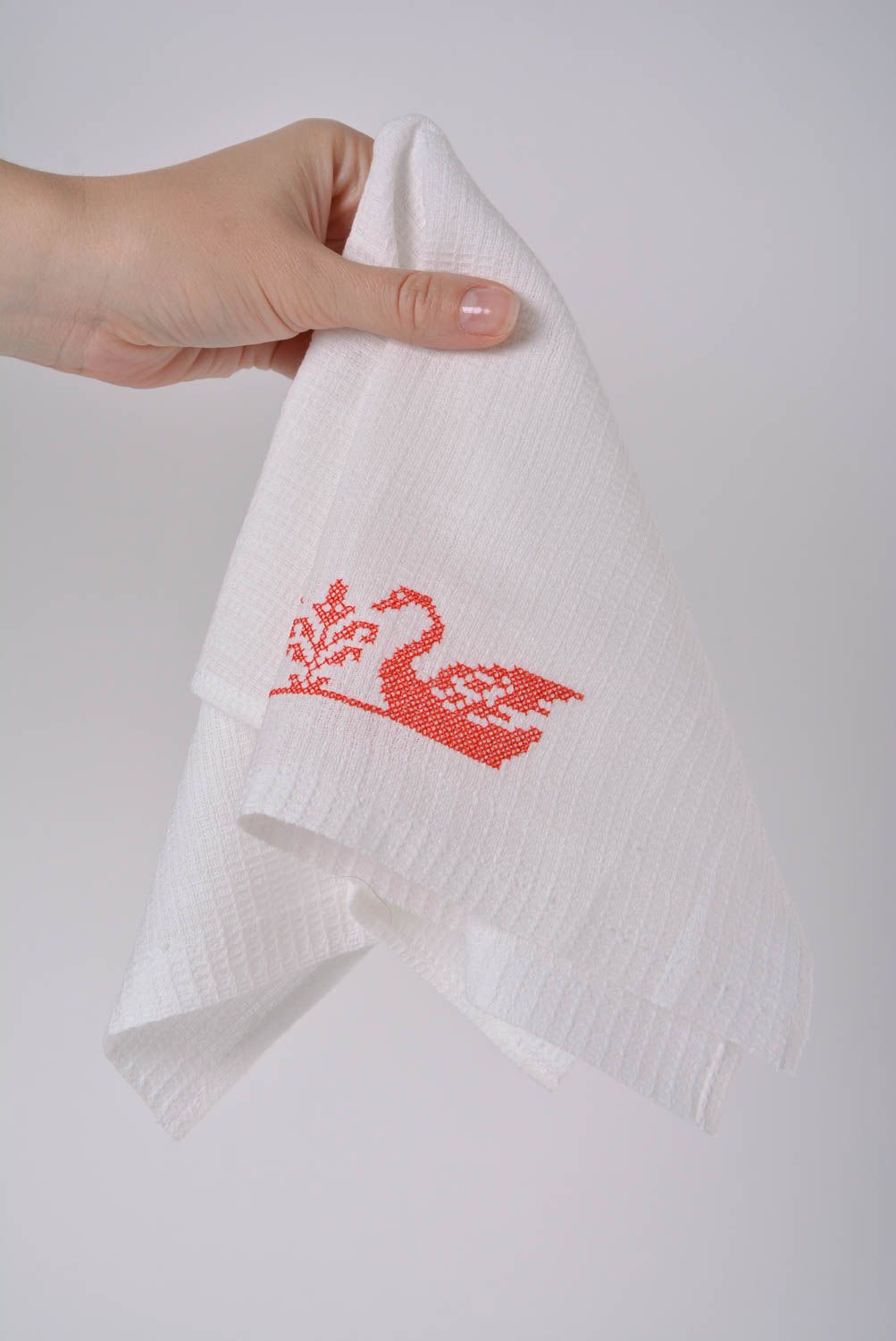Handmade decorative white cotton napkin with embroidered swans for table setting photo 4
