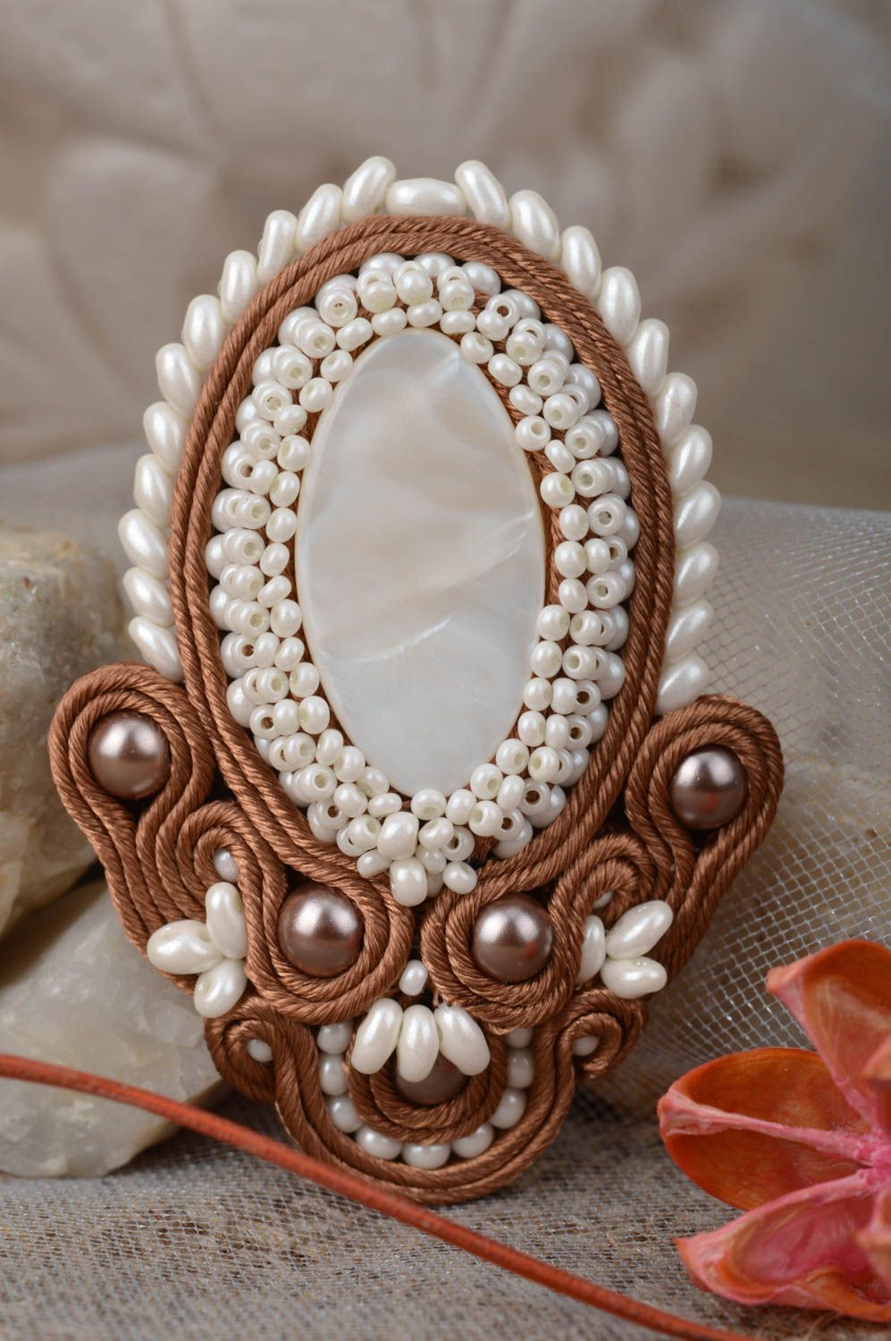 Beautiful handmade women's vintage soutache brooch with beads photo 1