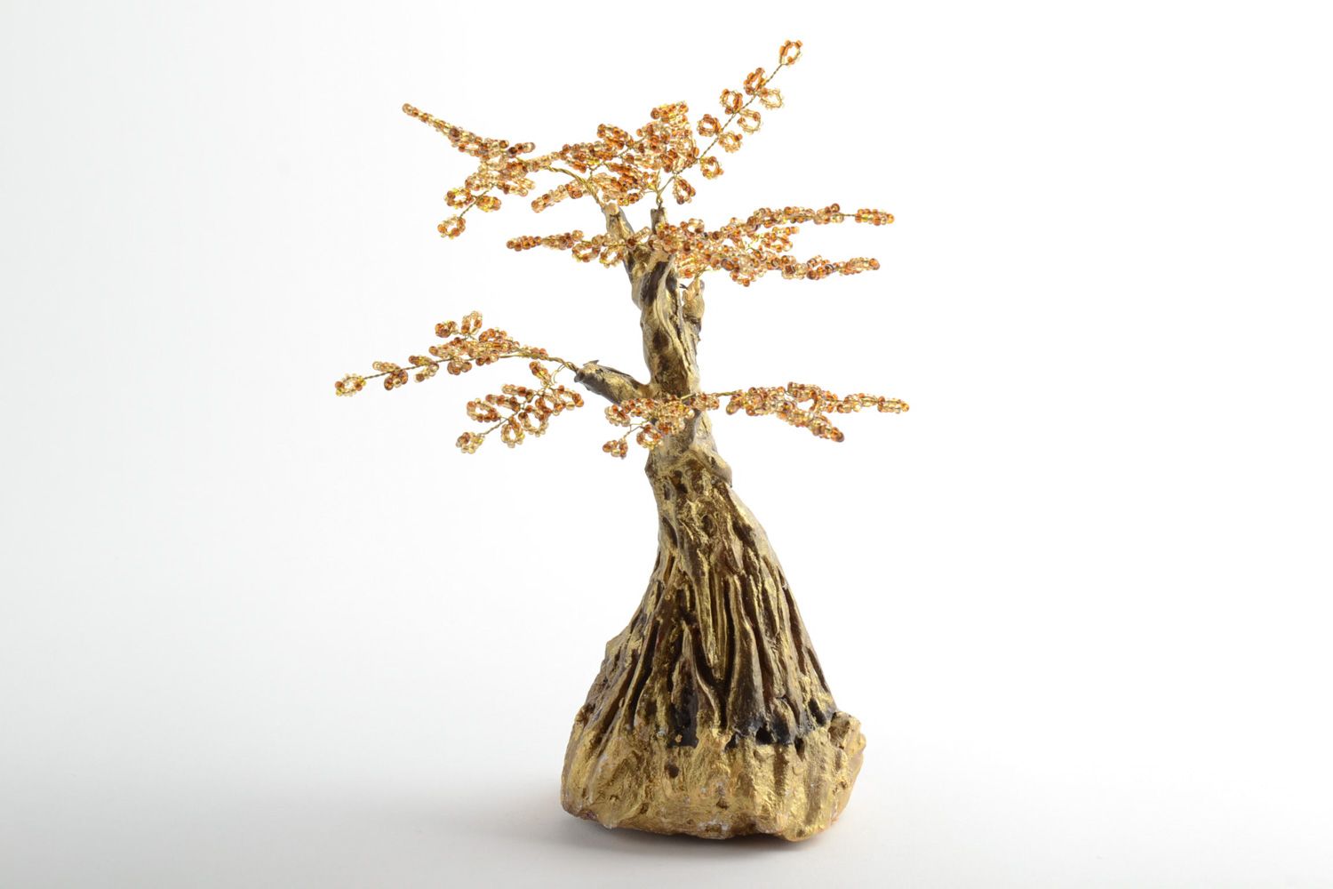 Handgemachter Glücksbaum aus Glasperlen Herbst für Interieur in goldenen Farben foto 1