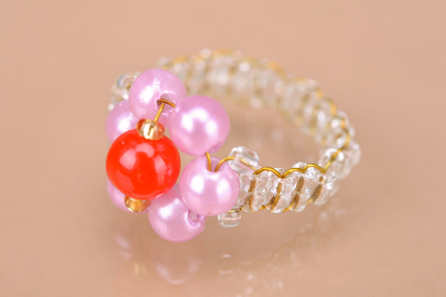 Pink and red small children's handmade beaded ring photo 2