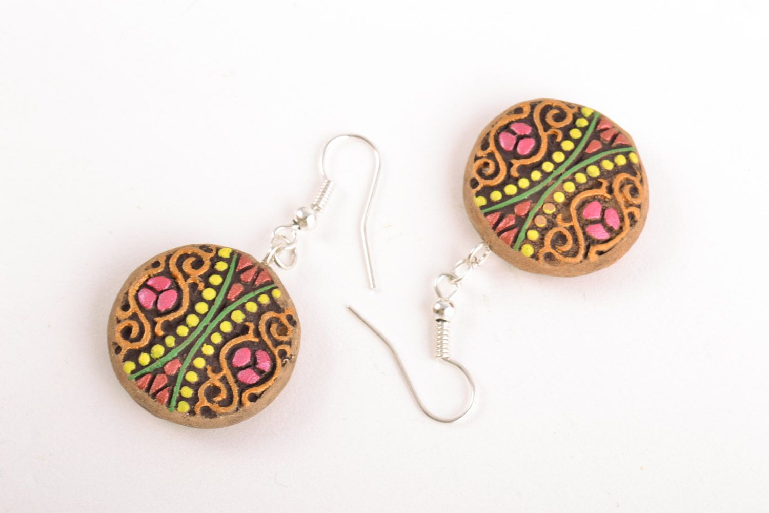 Handmade women's clay round earrings with acrylic painting photo 5