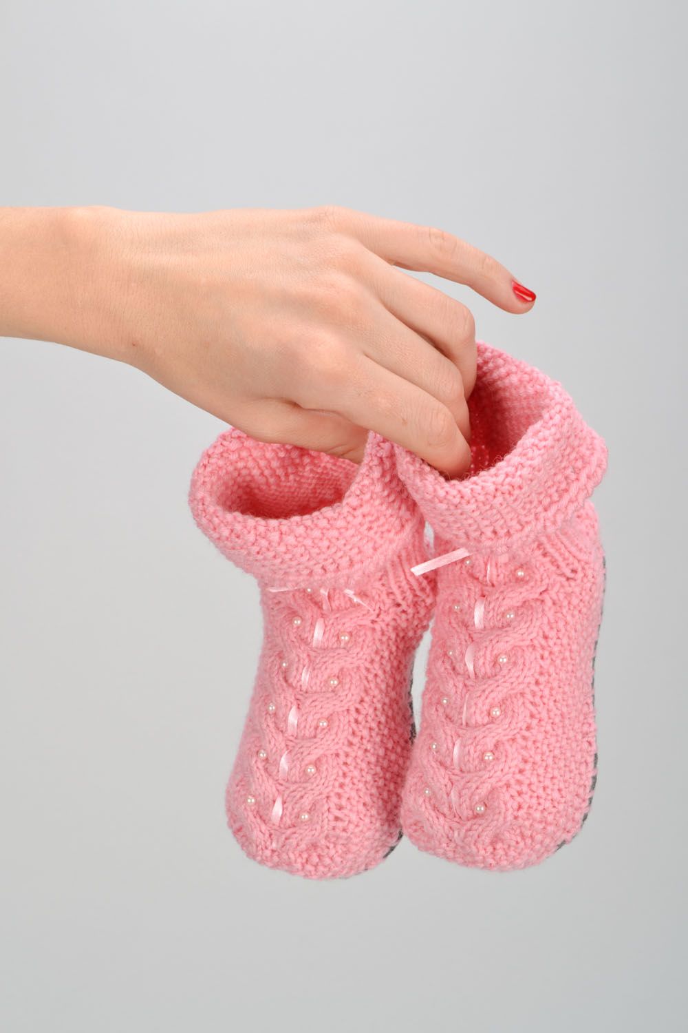 Chaussons tricotés à main roses originaux  photo 2
