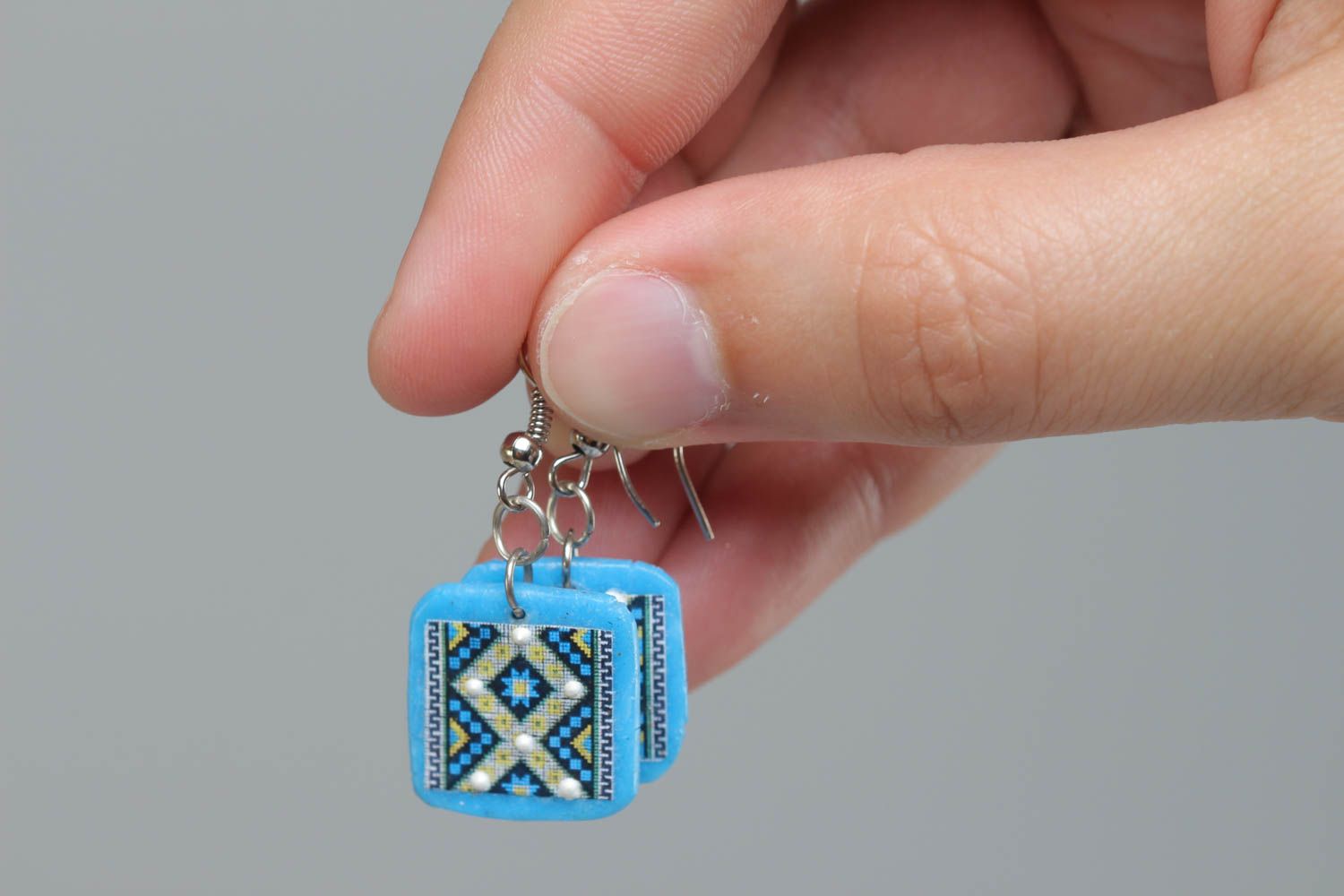 Handmade blue square polymer clay dangling earrings with ethnic ornament photo 5