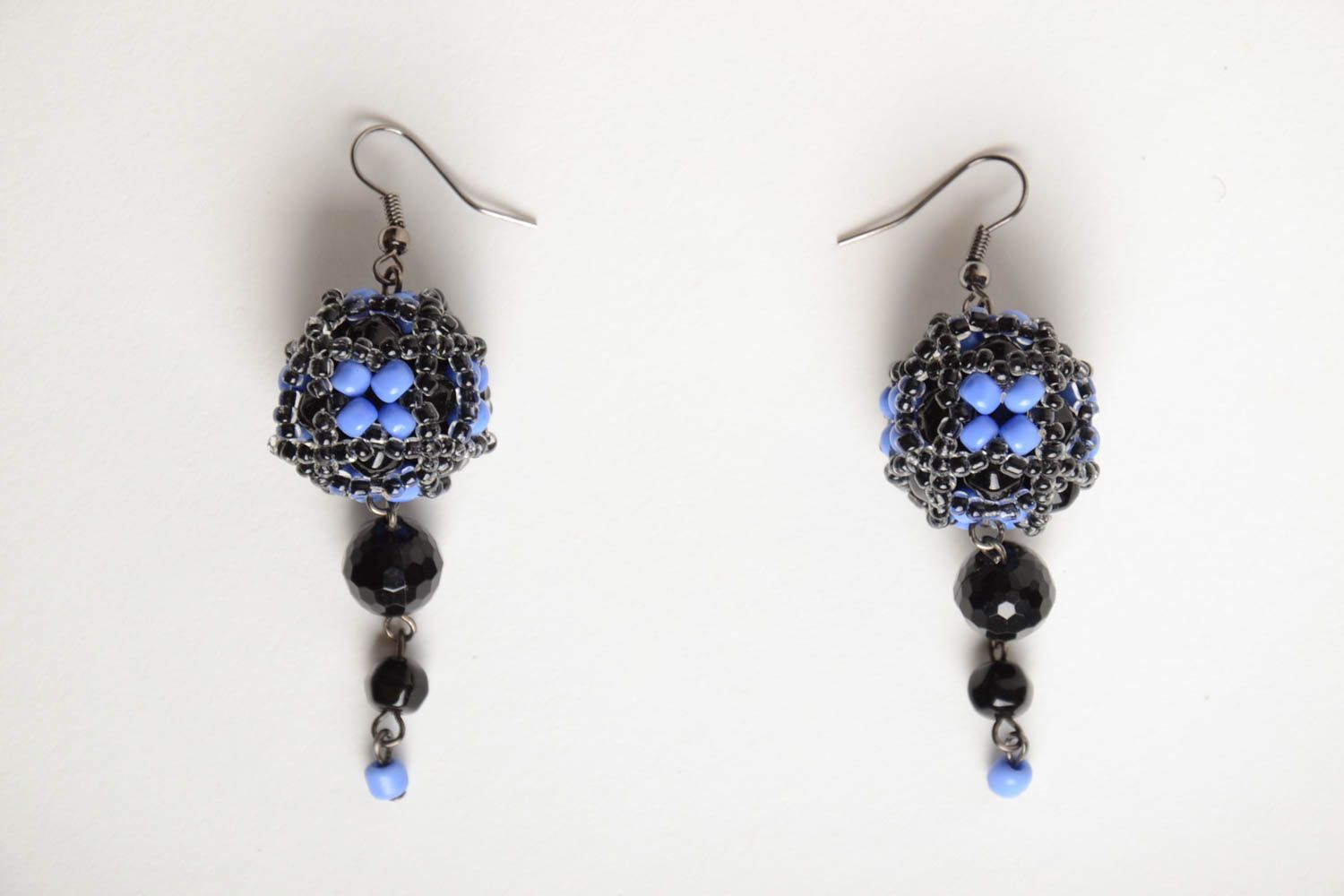 Handmade designer dangling earrings crocheted of blue and black seed beads photo 5