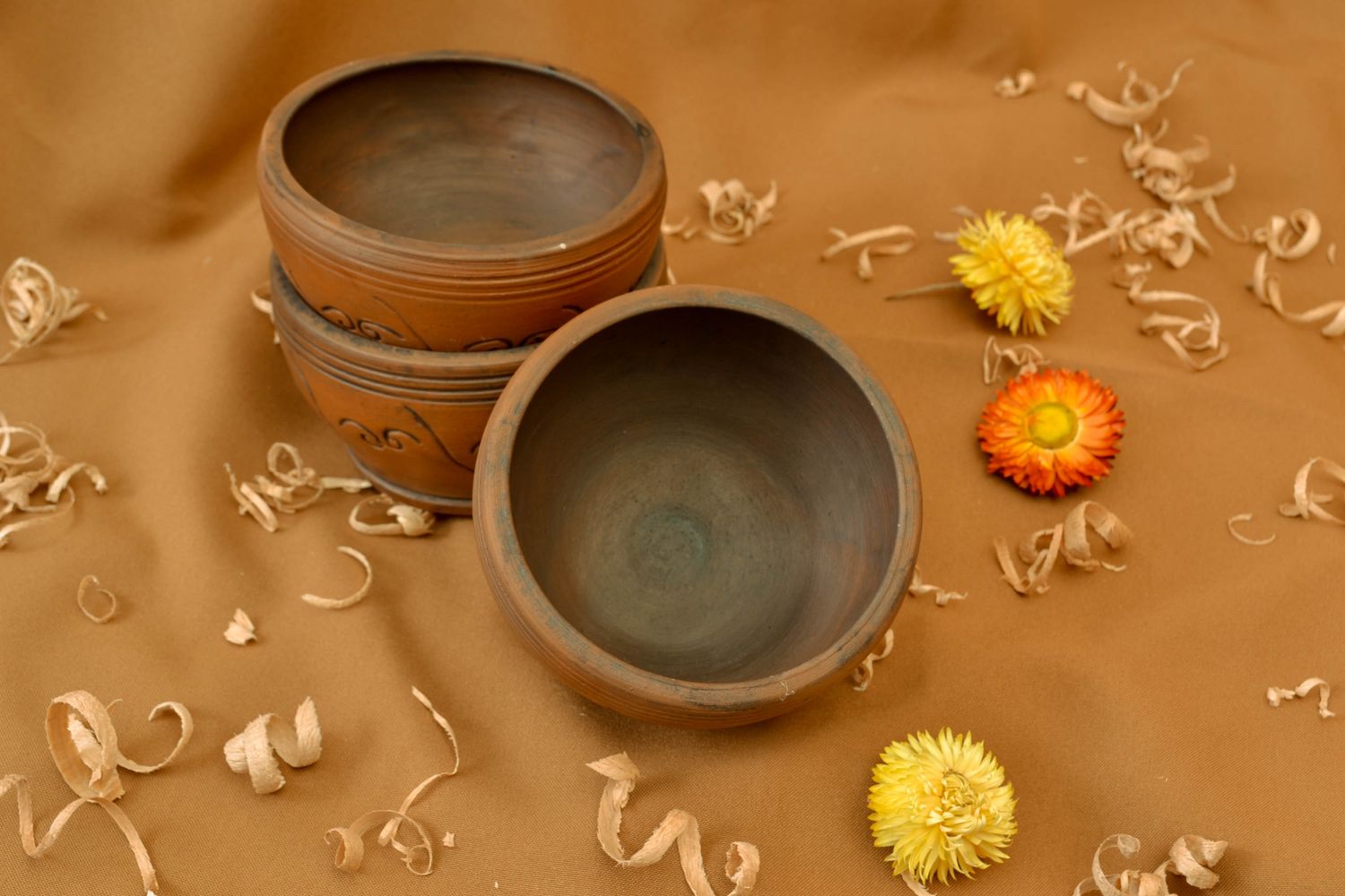 Handmade 3 clay bowls set kilned with milk 0,5 l photo 1