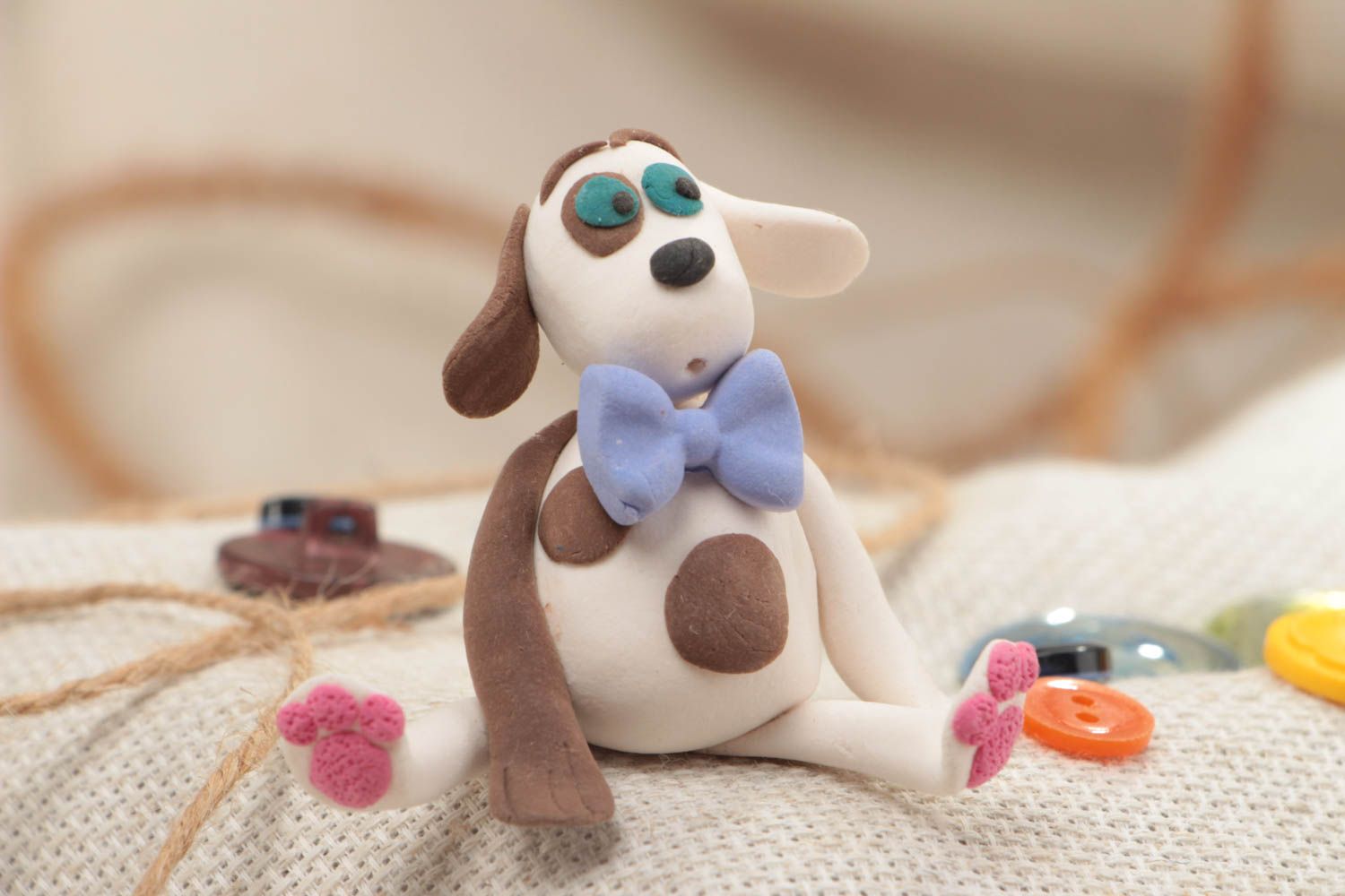Beautiful nice handmade designer polymer clay statuette of dog with bow tie photo 1