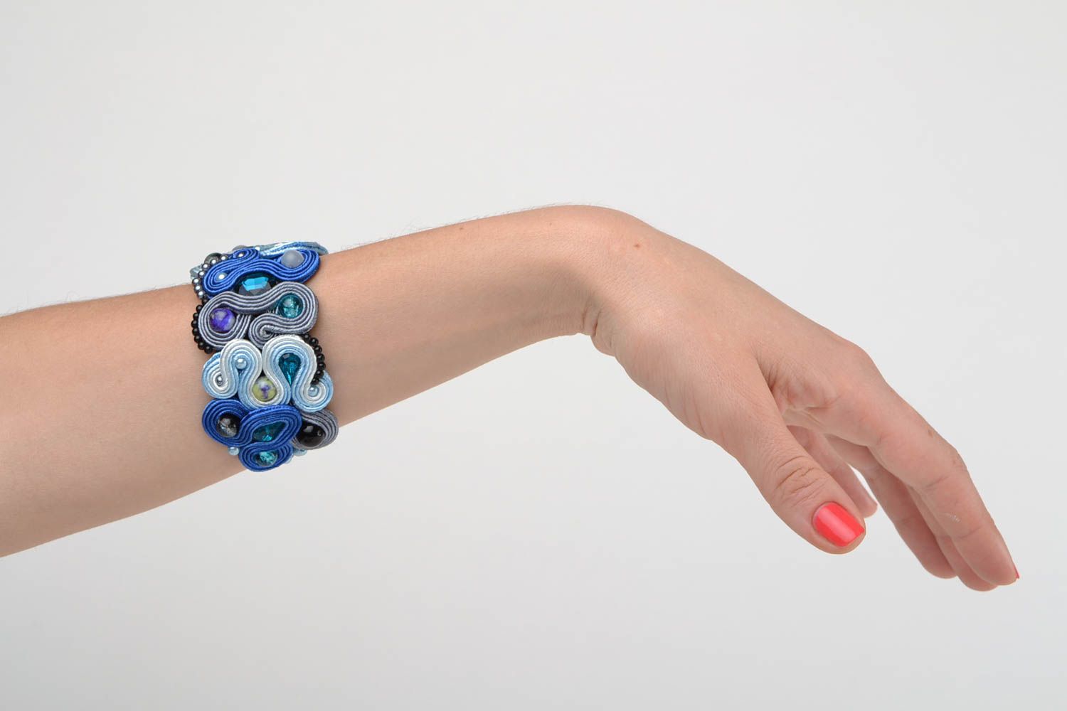 Blue handmade designer soutache bracelet with natural cat's eye stone  photo 1