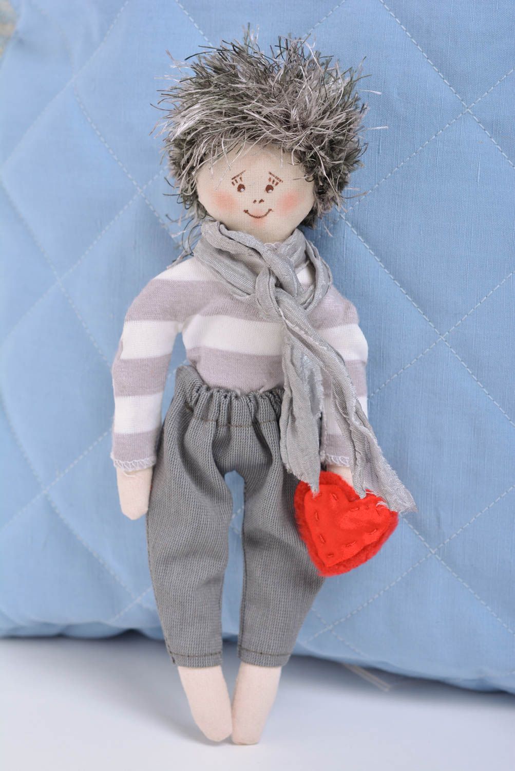 Handmade designer interior fabric soft toy boy with gray scarf and red heart photo 1