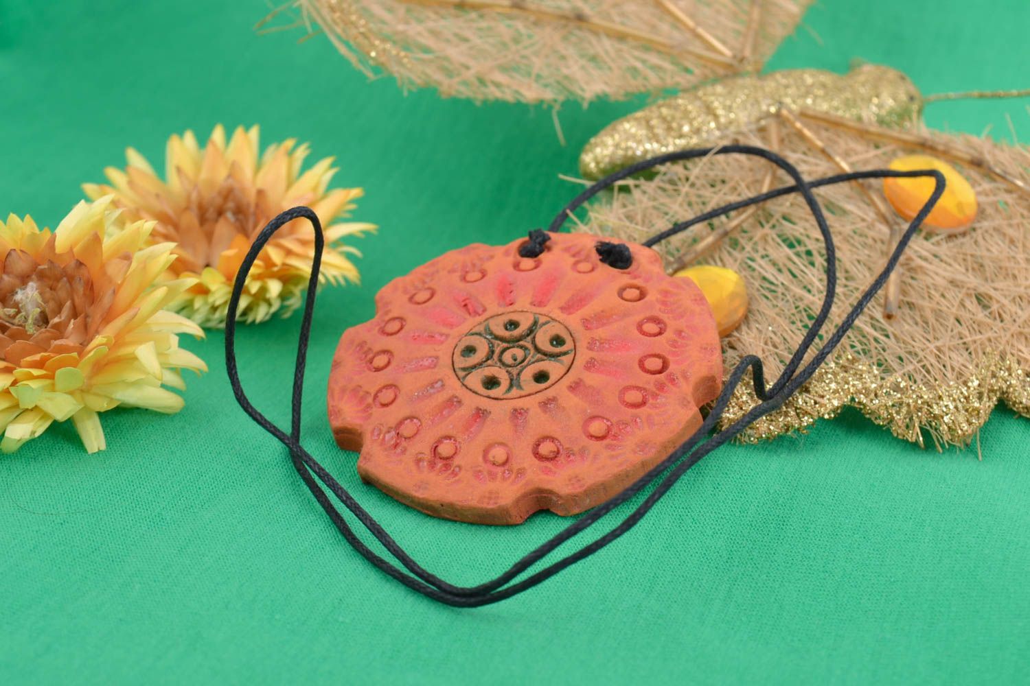 Handmade red clay round stylish pendant on long cord unusual ethnic accessory photo 1